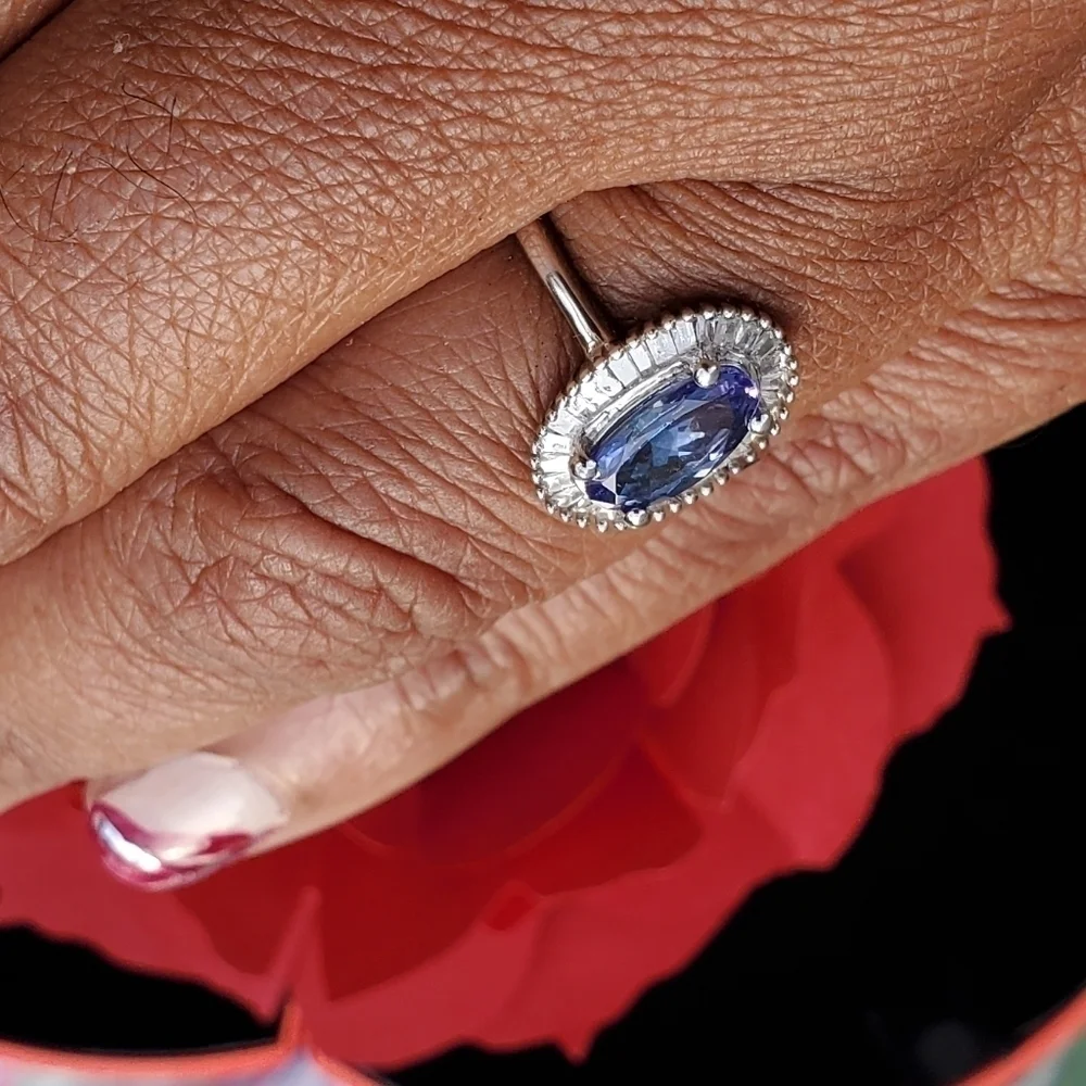 Tanzanite Diamond Halo Ring Platinum Over Sterling Silver Size 7